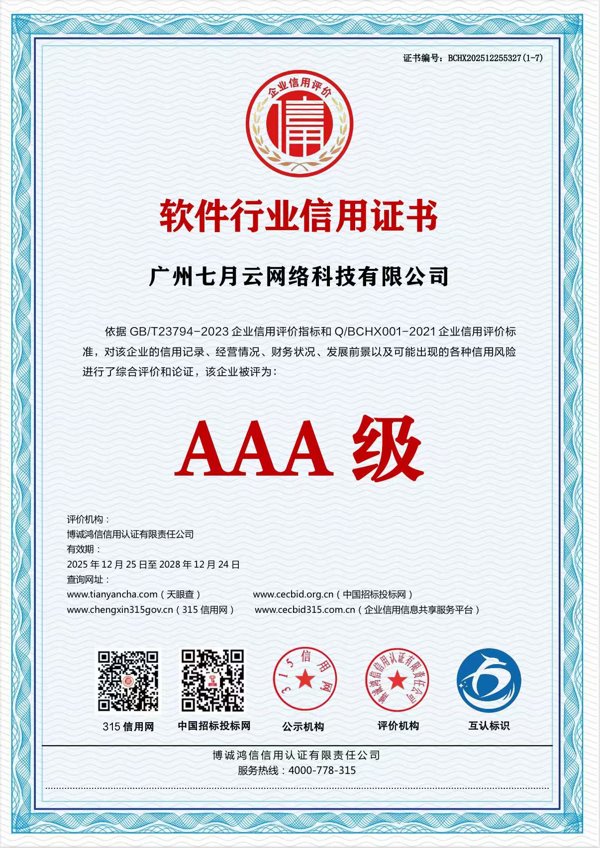 软件行业信用证书